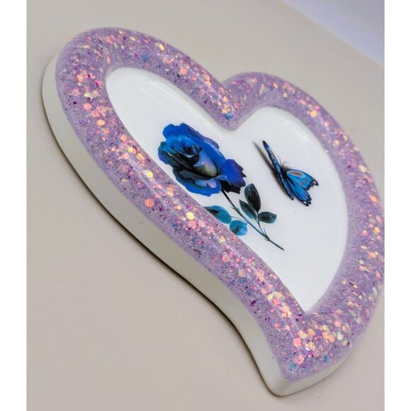 Purple Glitter Heart-Shaped Trinket Dish Blue Rose & Butterfly Design - Picture 3 of 8